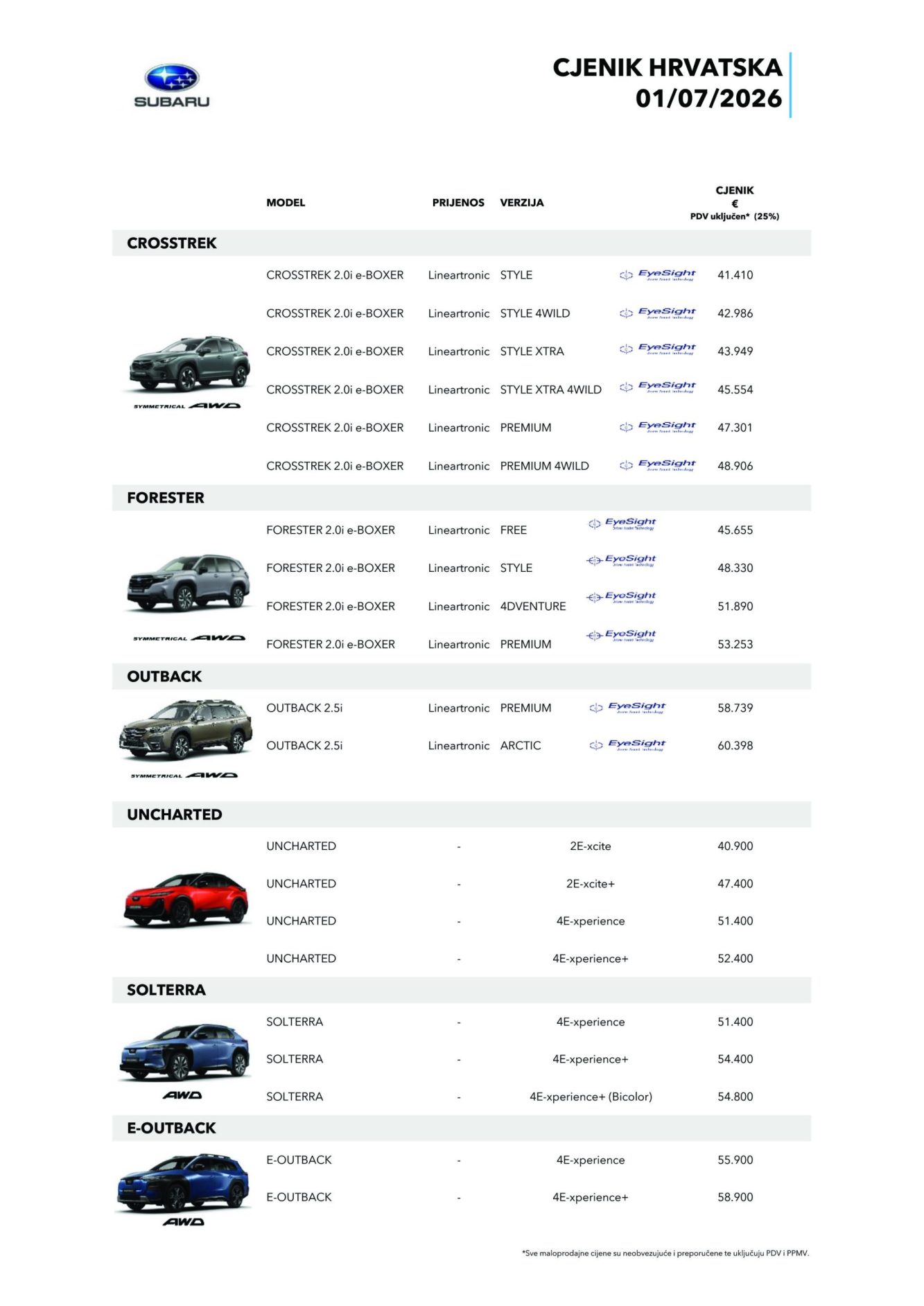 subaru cjenik novih vozila